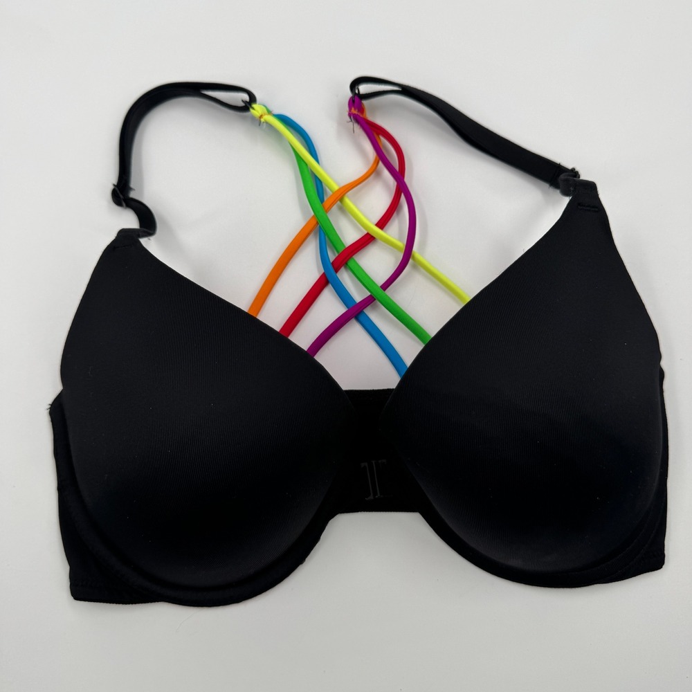 PINK Victoria's Secret Black Rainbow Strappy Back Front Close Bra 32D 32D|D70